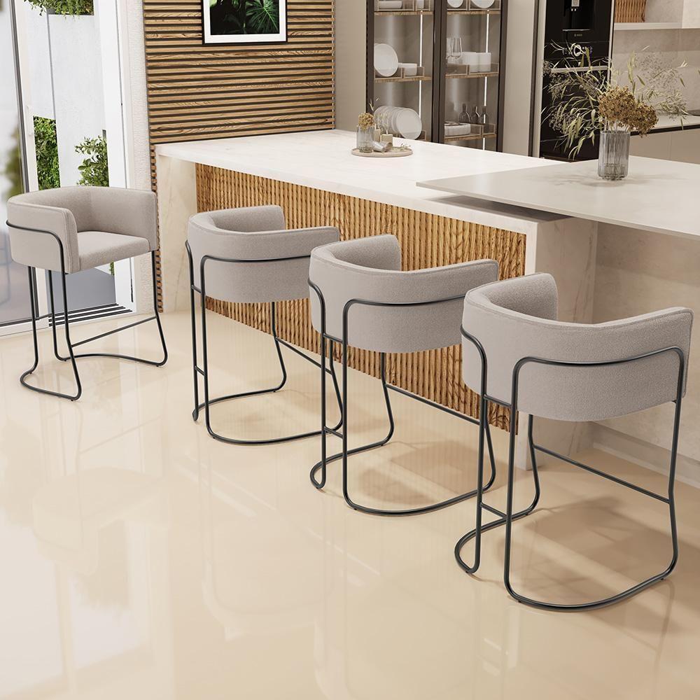 Kit 03 Banquetas Baixa Base De Aço Preto Betina D02 Bouclê Creme B-54 - Lyam Decor - 6