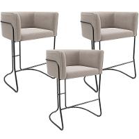 Kit 03 Banquetas Baixa Base De Aço Preto Betina D02 Bouclê Creme B-54 - Lyam Decor - 1