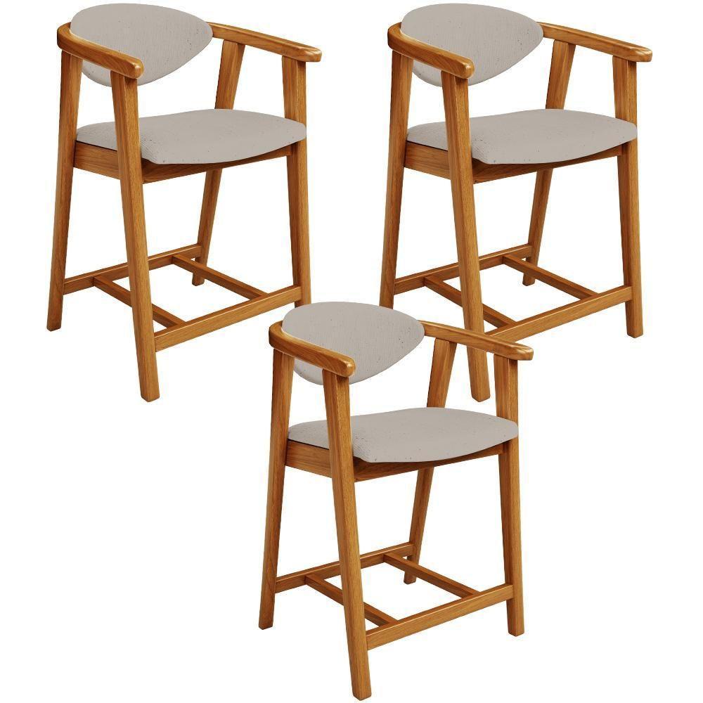 Kit 03 Banquetas Baixa Para Cozinha Sala Jantar Bancada Cecília L02 Linho Bege - Lyam Decor - 1