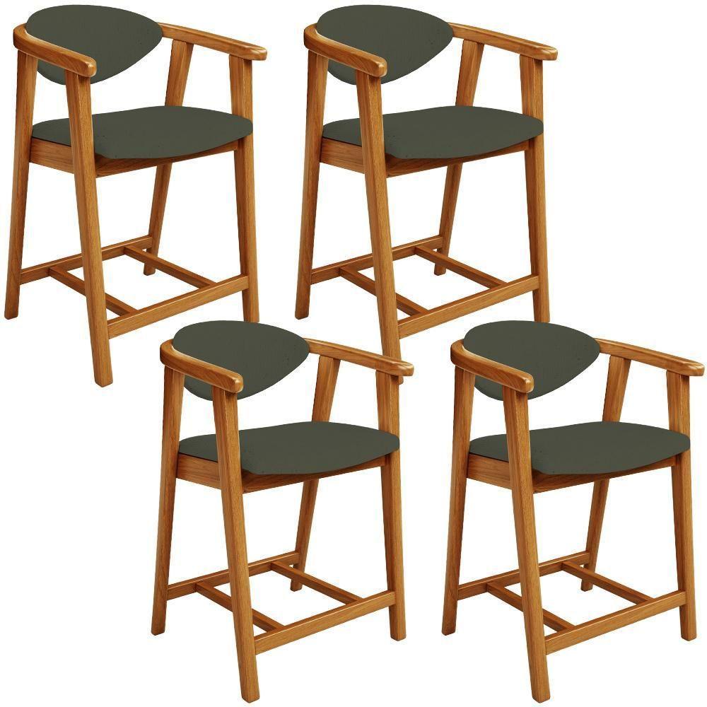 Kit 04 Banquetas Baixa Para Cozinha Sala Jantar Bancada Cecília L02 Linho Verde Musgo - Lyam Decor - 1