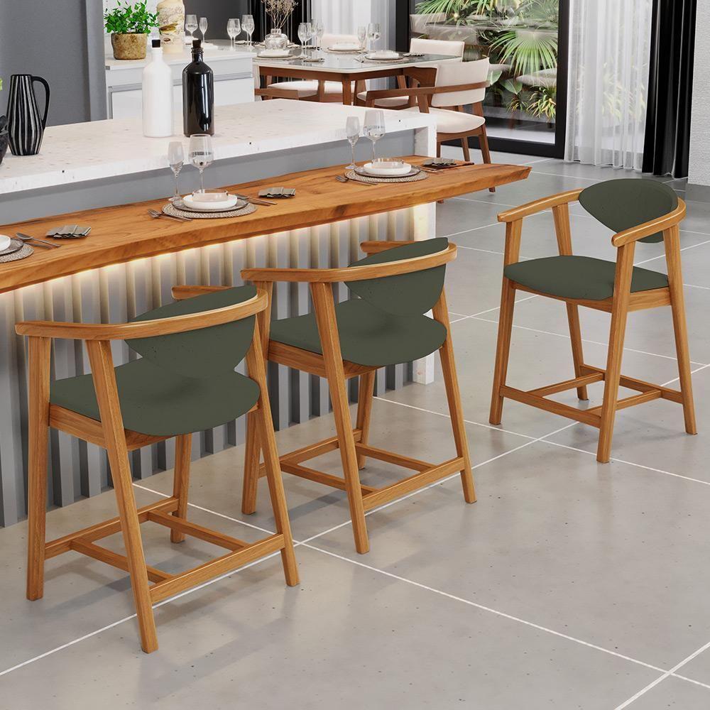 Kit 04 Banquetas Baixa Para Cozinha Sala Jantar Bancada Cecília L02 Linho Verde Musgo - Lyam Decor - 6