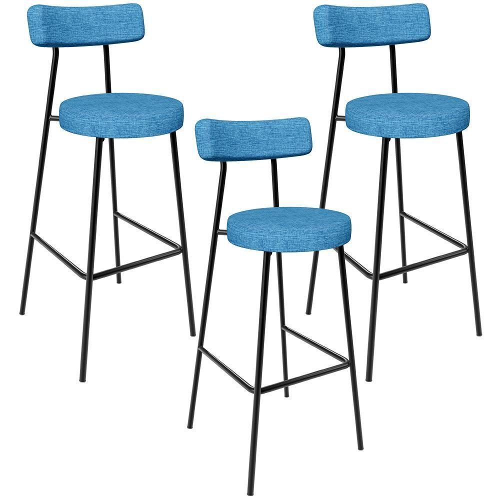 Kit 03 Banquetas Alta Bar Cozinha Sala De Jantar Estrutura Em Aço Milão L02 Linho Azul - Lyam Decor - 1