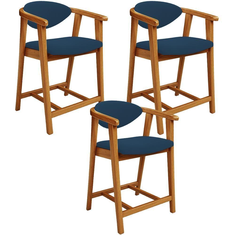 Kit 03 Banquetas Baixa Para Cozinha Sala Jantar Bancada Cecília L02 Suede Azul Marinho - Lyam Decor - 1