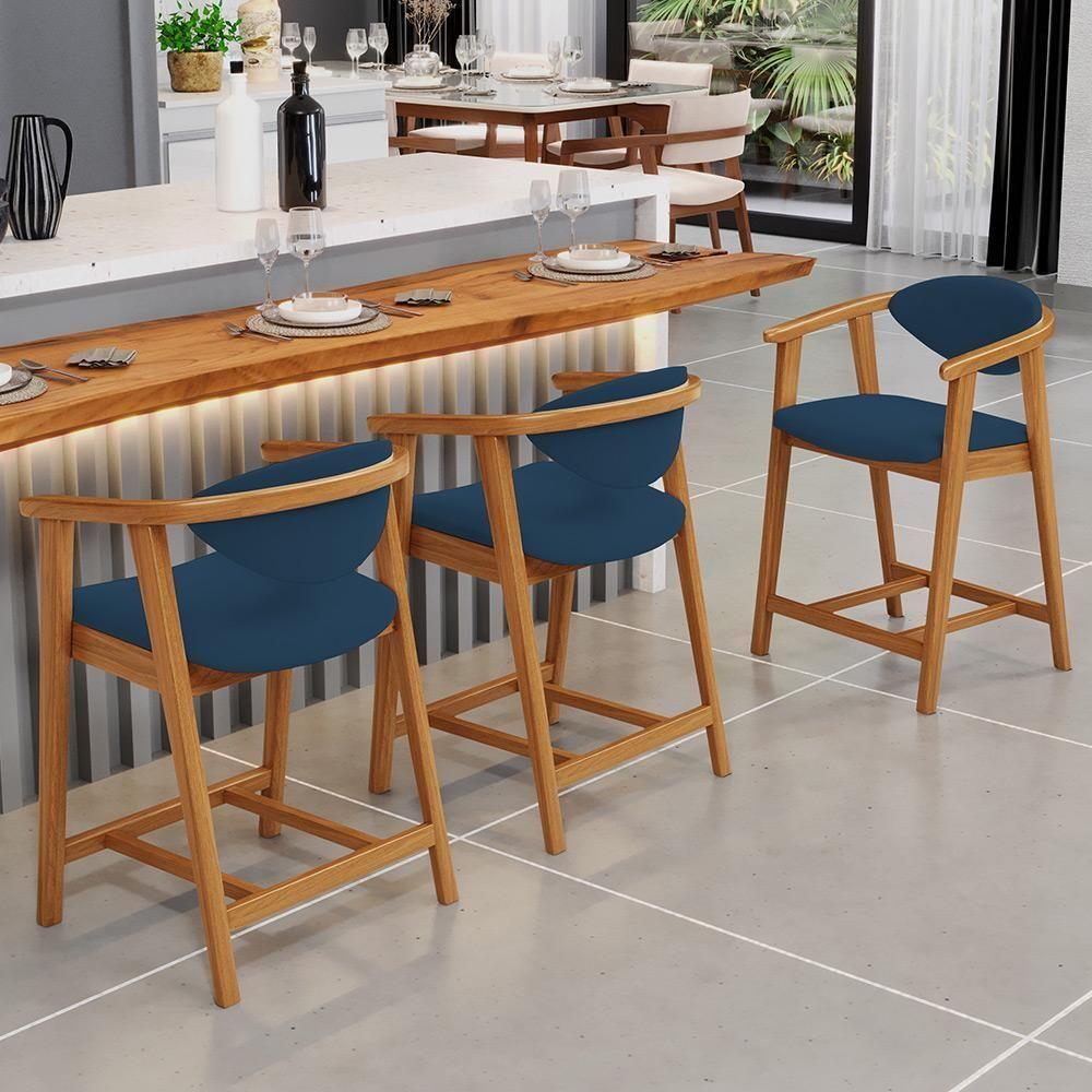 Kit 03 Banquetas Baixa Para Cozinha Sala Jantar Bancada Cecília L02 Suede Azul Marinho - Lyam Decor - 6
