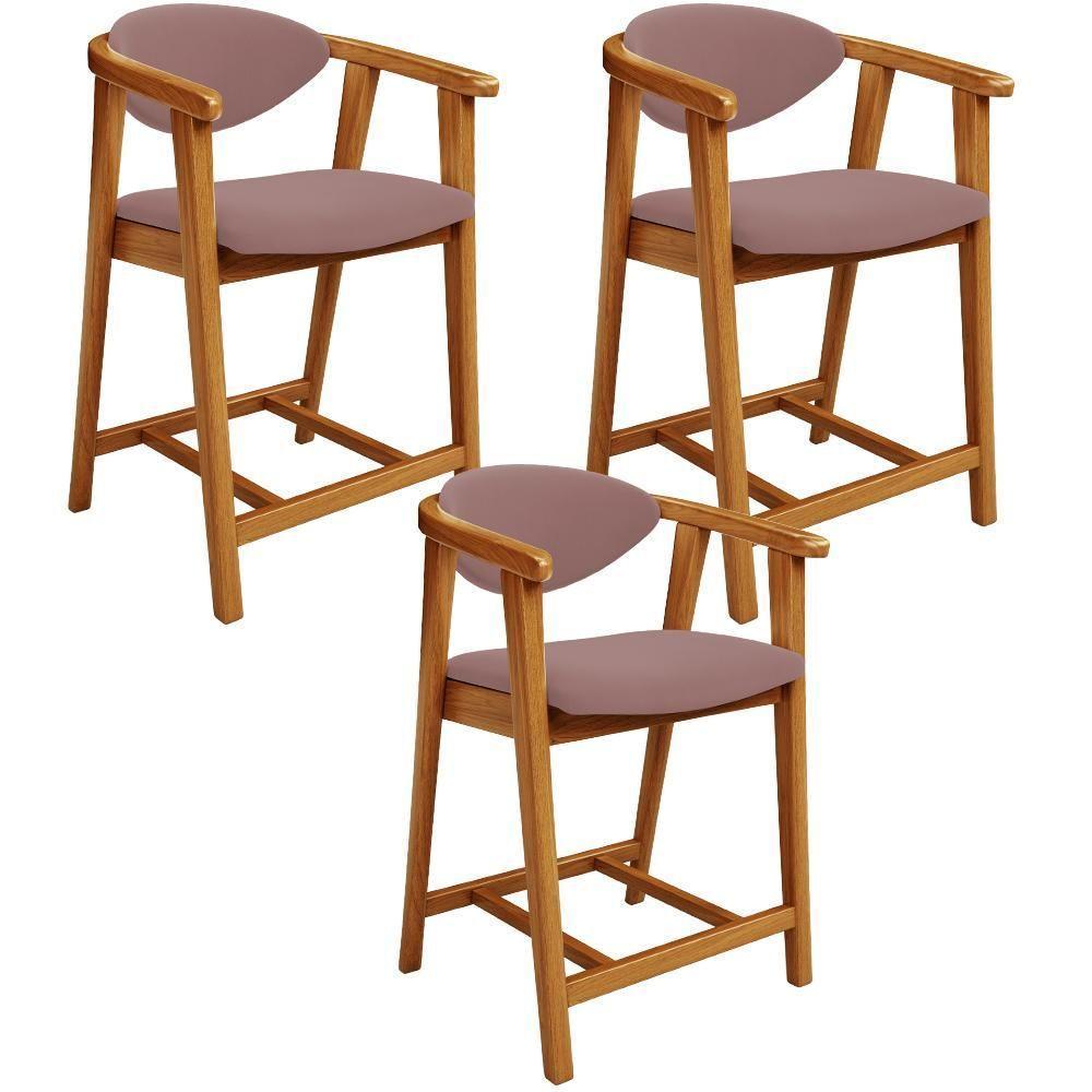 Kit 03 Banquetas Baixa Para Cozinha Sala Jantar Bancada Cecília L02 Suede Rosê - Lyam Decor - 1
