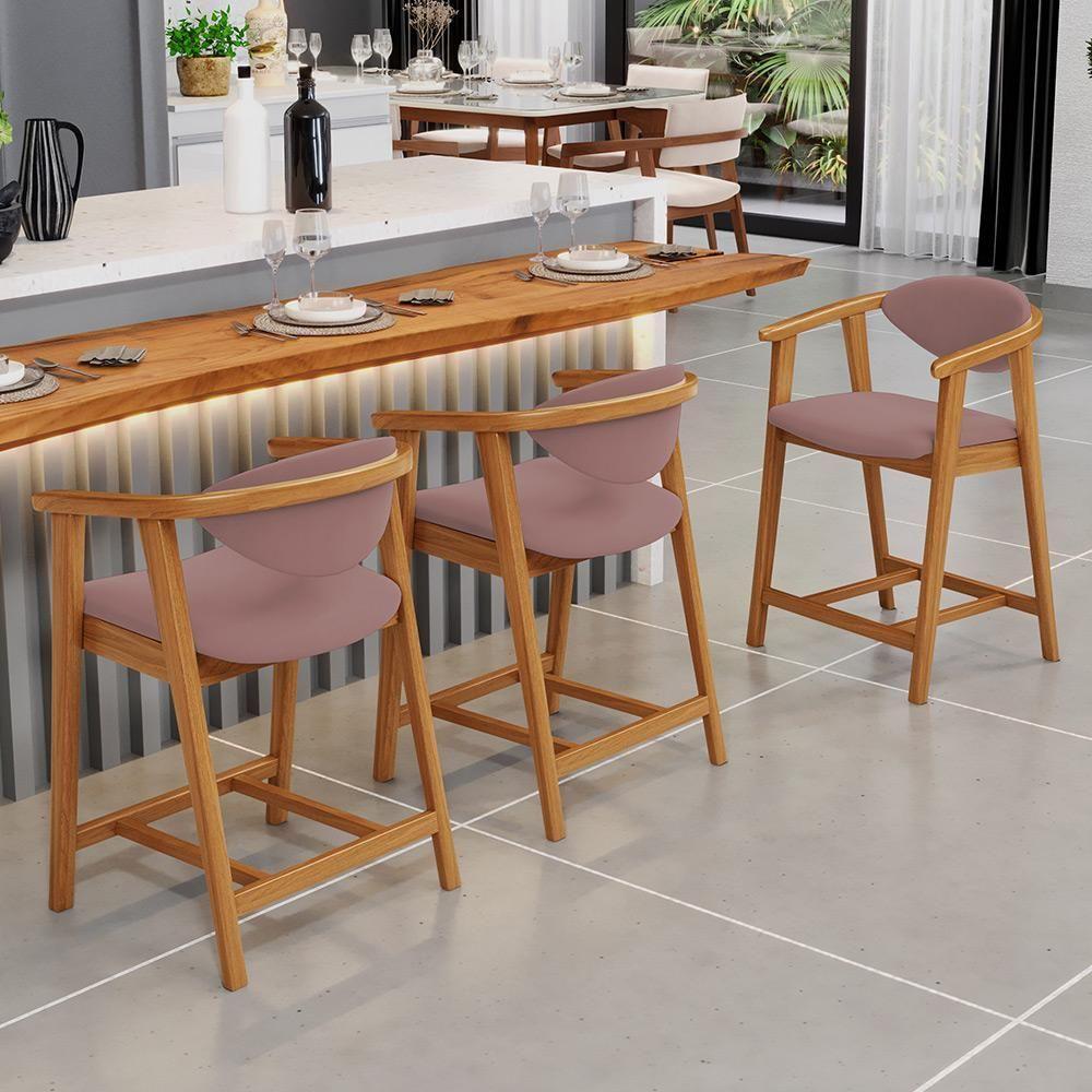 Kit 03 Banquetas Baixa Para Cozinha Sala Jantar Bancada Cecília L02 Suede Rosê - Lyam Decor - 6