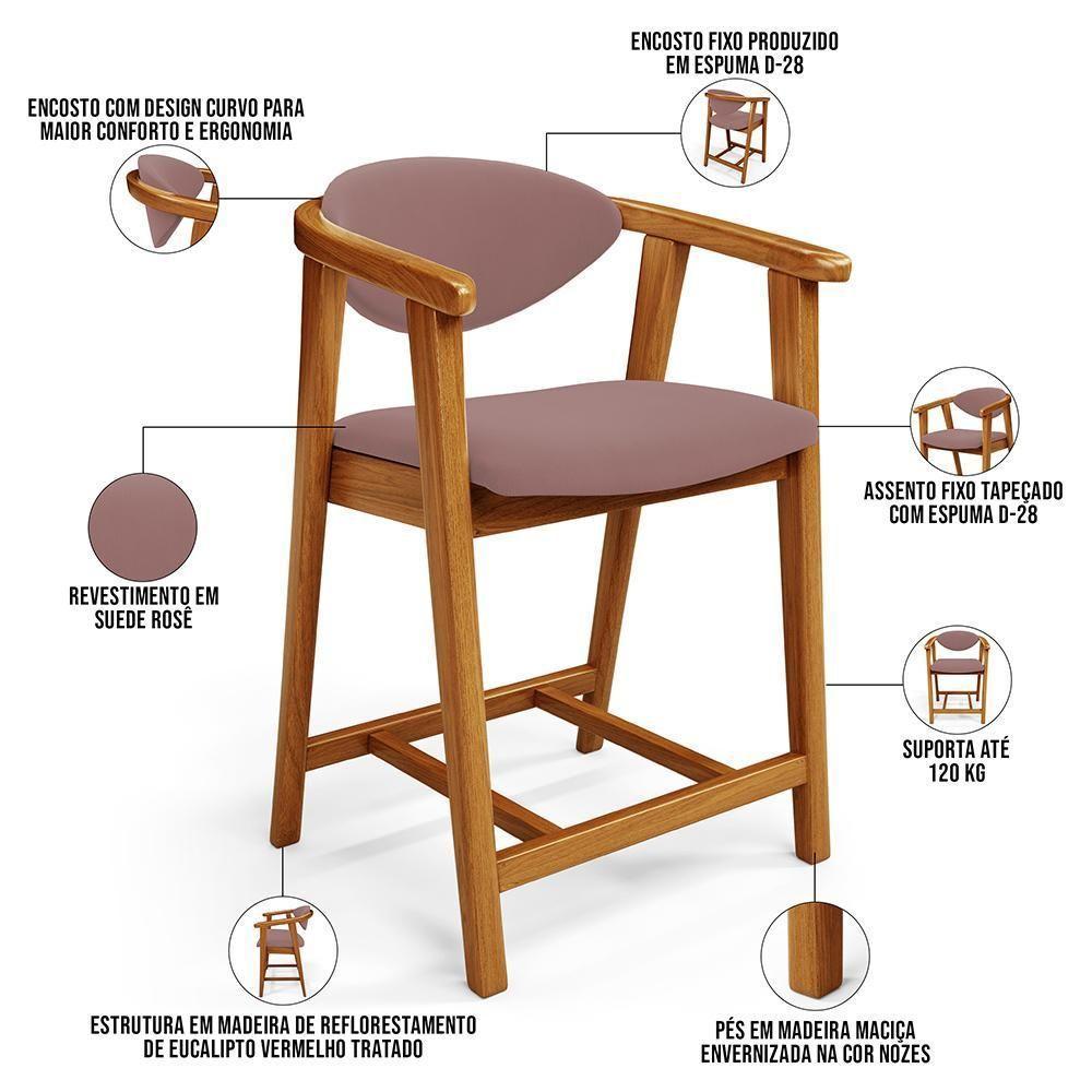Kit 03 Banquetas Baixa Para Cozinha Sala Jantar Bancada Cecília L02 Suede Rosê - Lyam Decor - 7