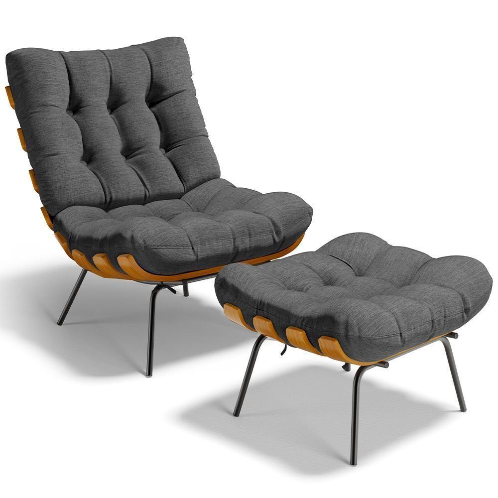 Poltrona Costela L02 Com Puff Sala De Estar Linho Cinza Escuro - Lyam Decor - 1