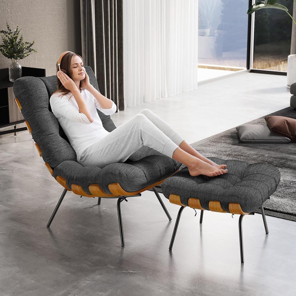 Poltrona Costela L02 Com Puff Sala De Estar Linho Cinza Escuro - Lyam Decor - 7