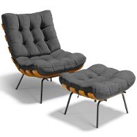 Poltrona Costela L02 Com Puff Sala De Estar Linho Cinza Escuro - Lyam Decor - 1