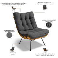 Poltrona Costela L02 Com Puff Sala De Estar Linho Cinza Escuro - Lyam Decor