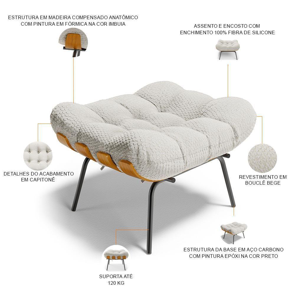 Poltrona Costela L02 Com Puff Sala De Estar Bouclê Cru - Lyam Decor - 5