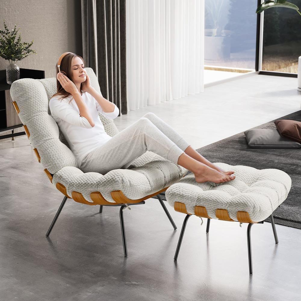 Poltrona Costela L02 Com Puff Sala De Estar Bouclê Cru - Lyam Decor - 9