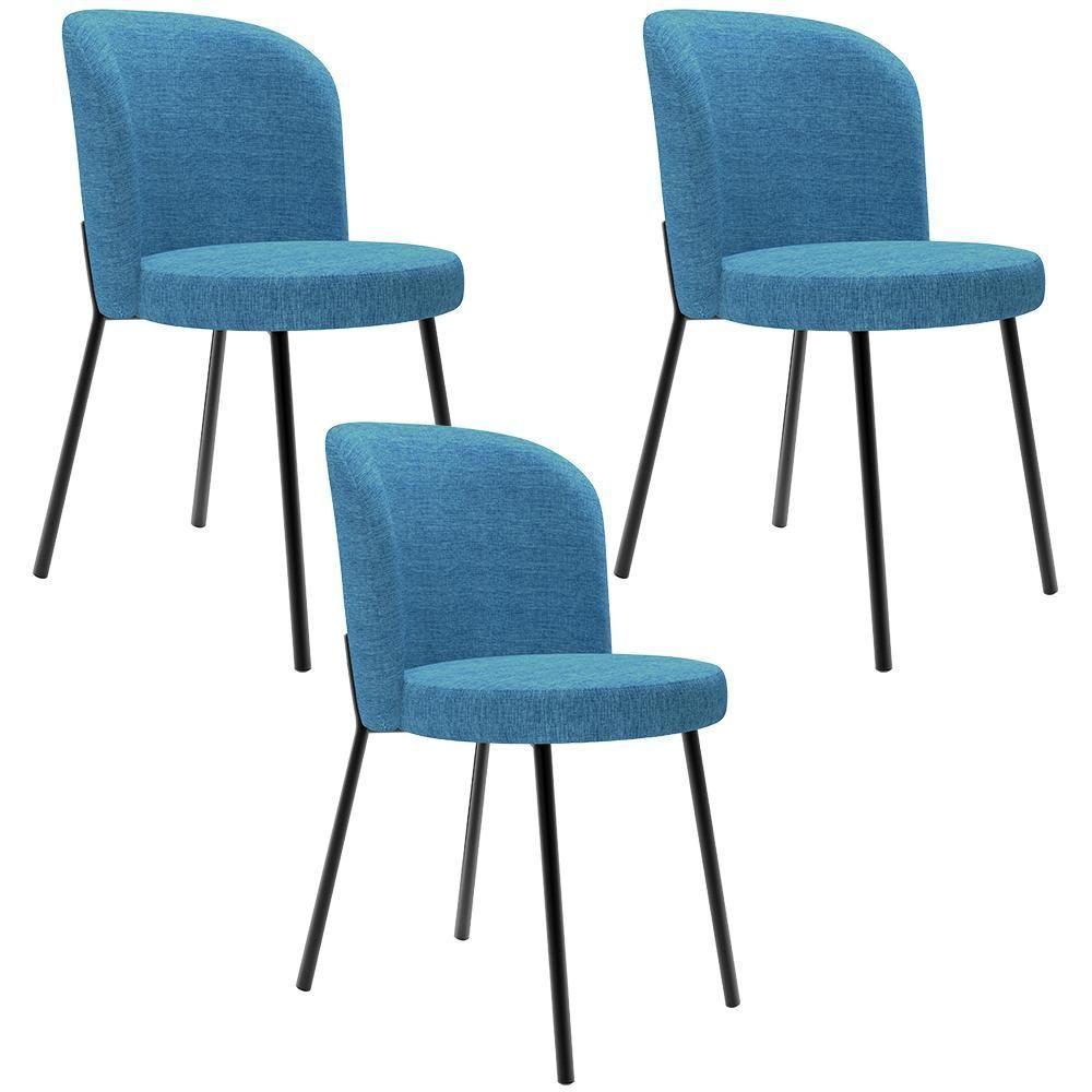 Kit 3 Cadeiras Para Sala De Jantar Cozinha Estofada Gavi L02 Linho Azul - Lyam Decor - 1