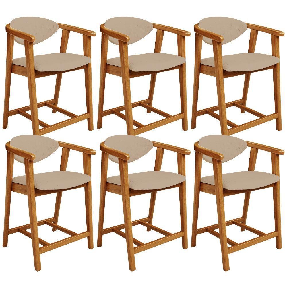 Kit 06 Banquetas Baixa Para Cozinha Sala Jantar Bancada Cecília L02 Linho Bege Escuro - Lyam Decor - 1