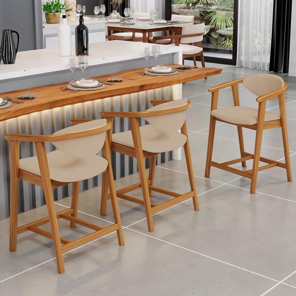 Kit 06 Banquetas Baixa Para Cozinha Sala Jantar Bancada Cecília L02 Linho Bege Escuro - Lyam Decor - 6