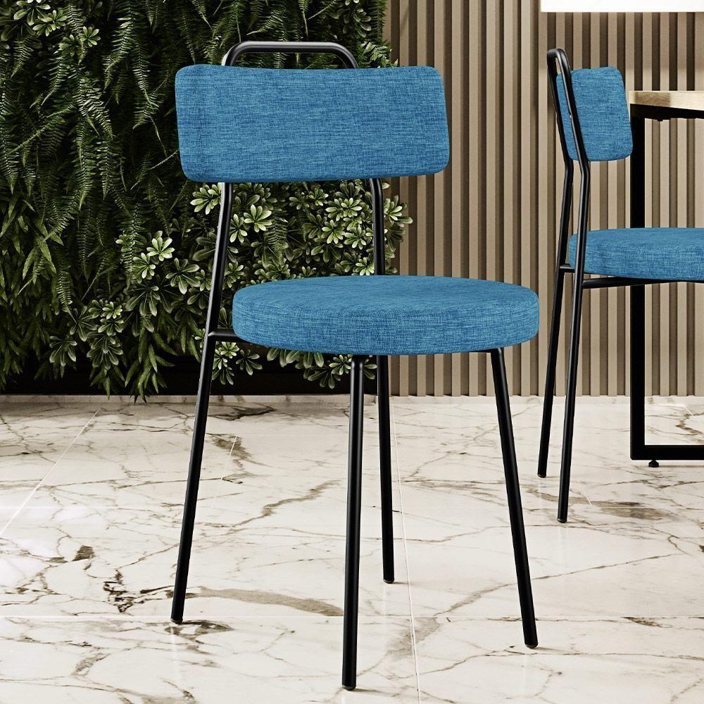 Kit 06 Cadeiras Decorativa Estofada Para Sala De Jantar Barcelona L02 Linho Azul - Lyam Decor - 6