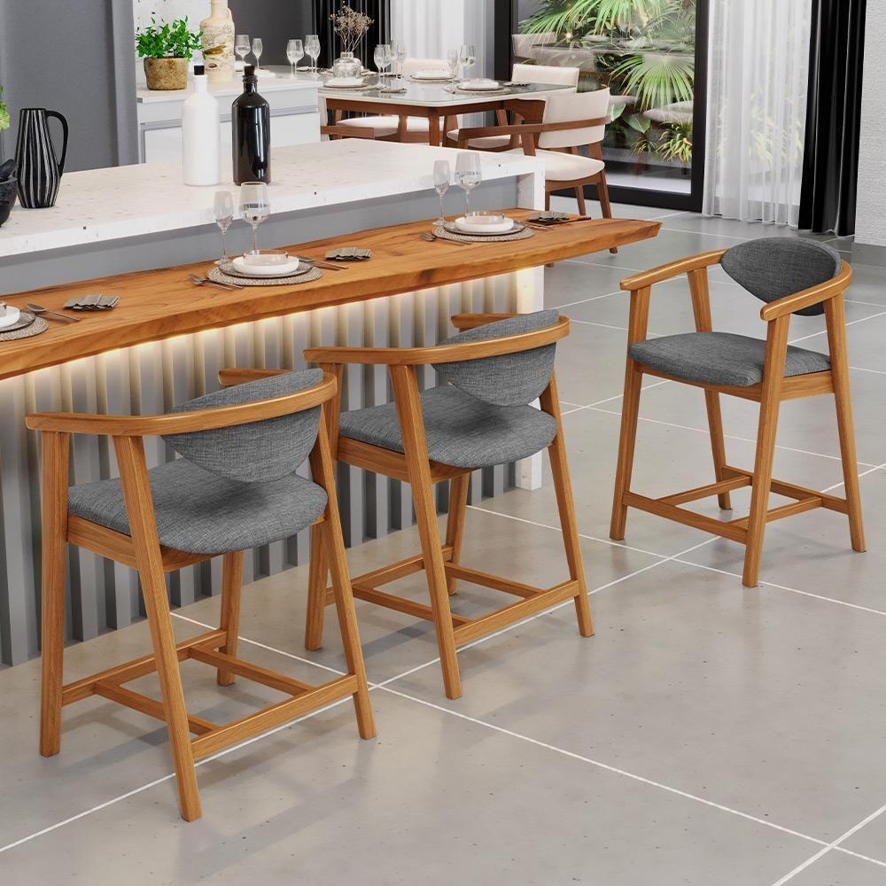 Kit 06 Banquetas Baixa Cozinha Sala De Jantar Bancada Cecília L02 Linho Cinza Escuro - Lyam Decor - 7