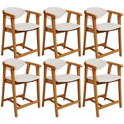 Kit 06 Banquetas Baixa Cecília L02 Assento em Linho Estrutura em Madeira com Encosto Off White