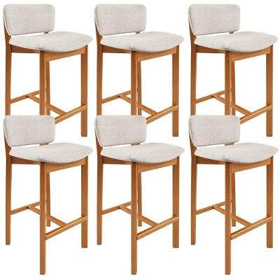 Kit 06 Banquetas Alta Dara L02 Assento em Linho Cru Estrutura em Madeira com Encosto Branco