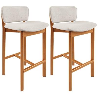 Kit 02 Banquetas Alta Dara L02 Assento em Linho Estrutura em Madeira com Encosto Branco
