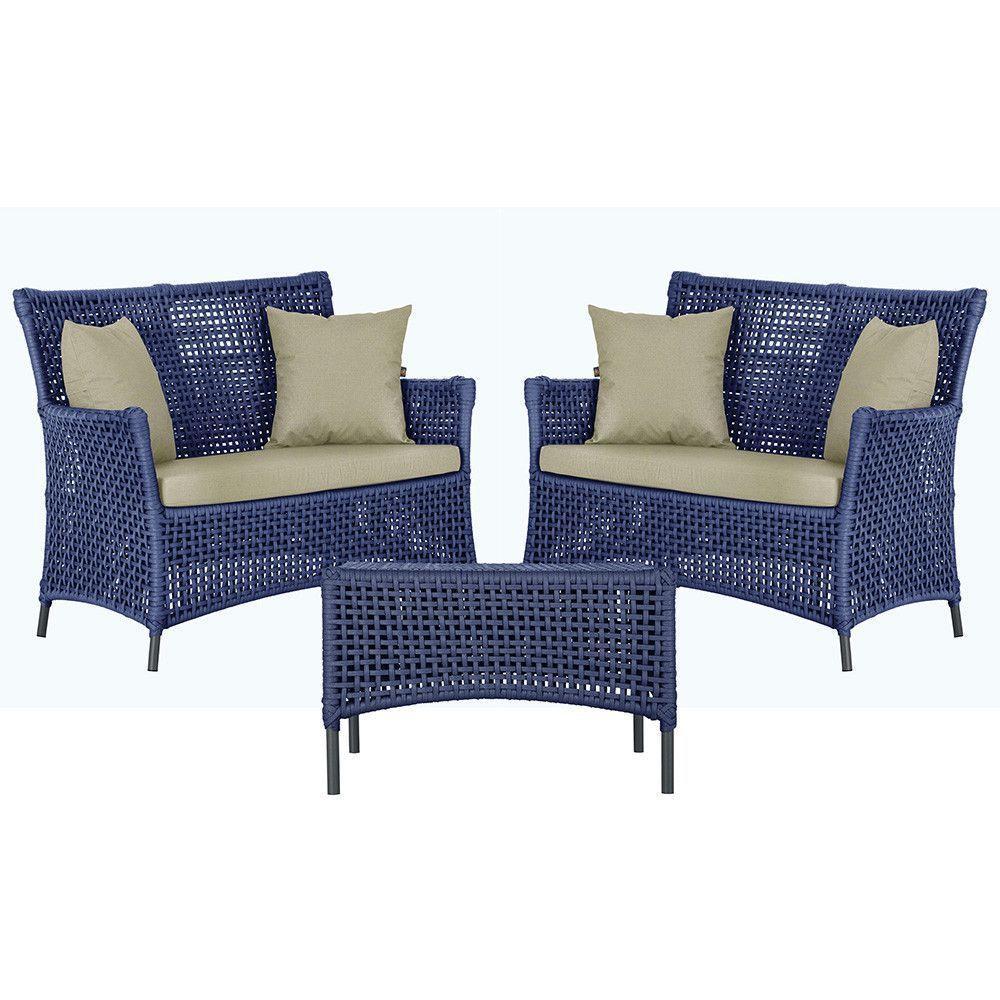 2 Sofás E Mesa Igapó Alumínio Preta Corda Náutica E7 Trama Azul - 1