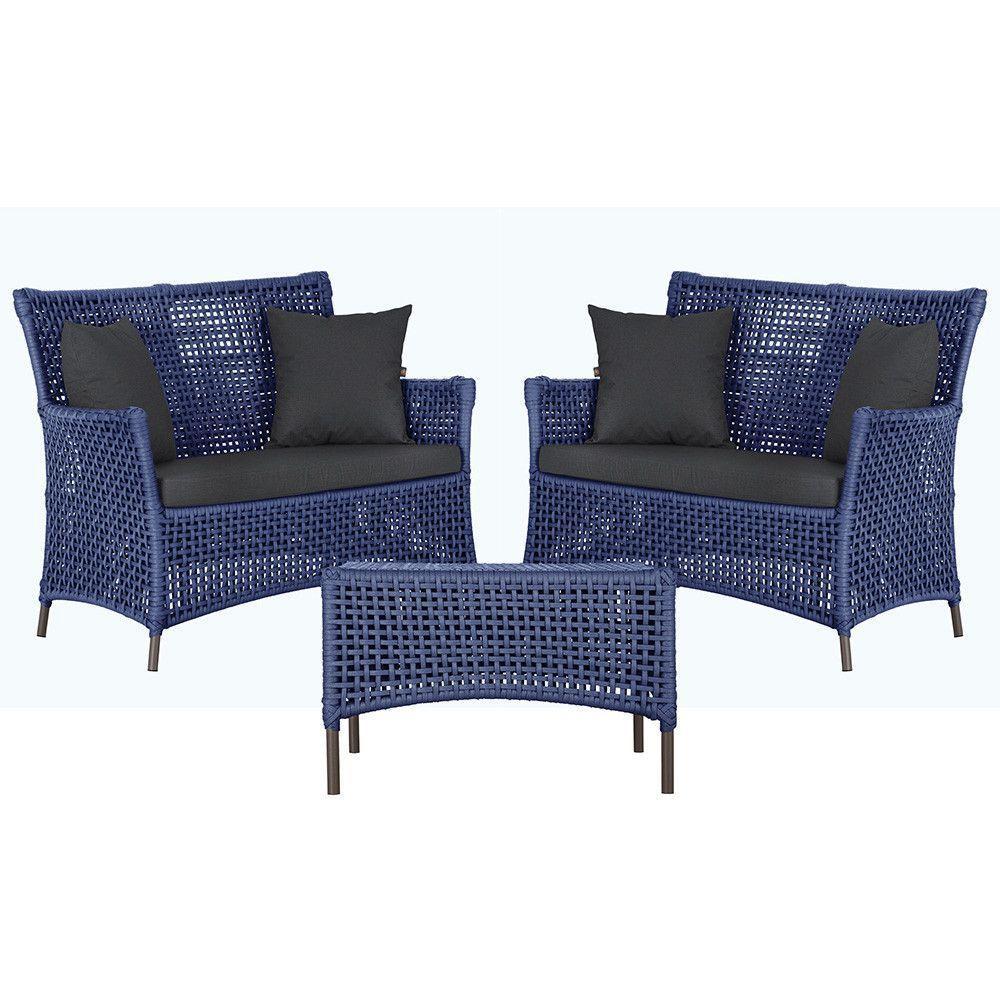 2 Sofás E Mesa Igapó Alumínio Marrom Corda Náutica E11 Trama Azul - 1