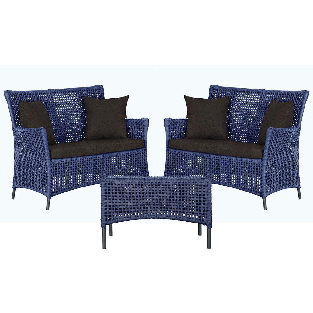 2 Sofás E Mesa Igapó Alumínio Preta Corda Náutica E9 Trama Azul - 1