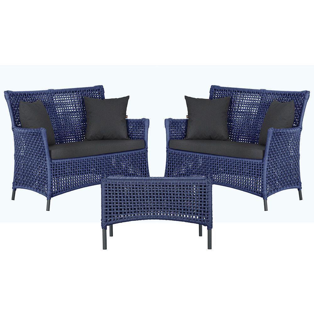 2 Sofás E Mesa Igapó Alumínio Preta Corda Náutica E11 Trama Azul - 1