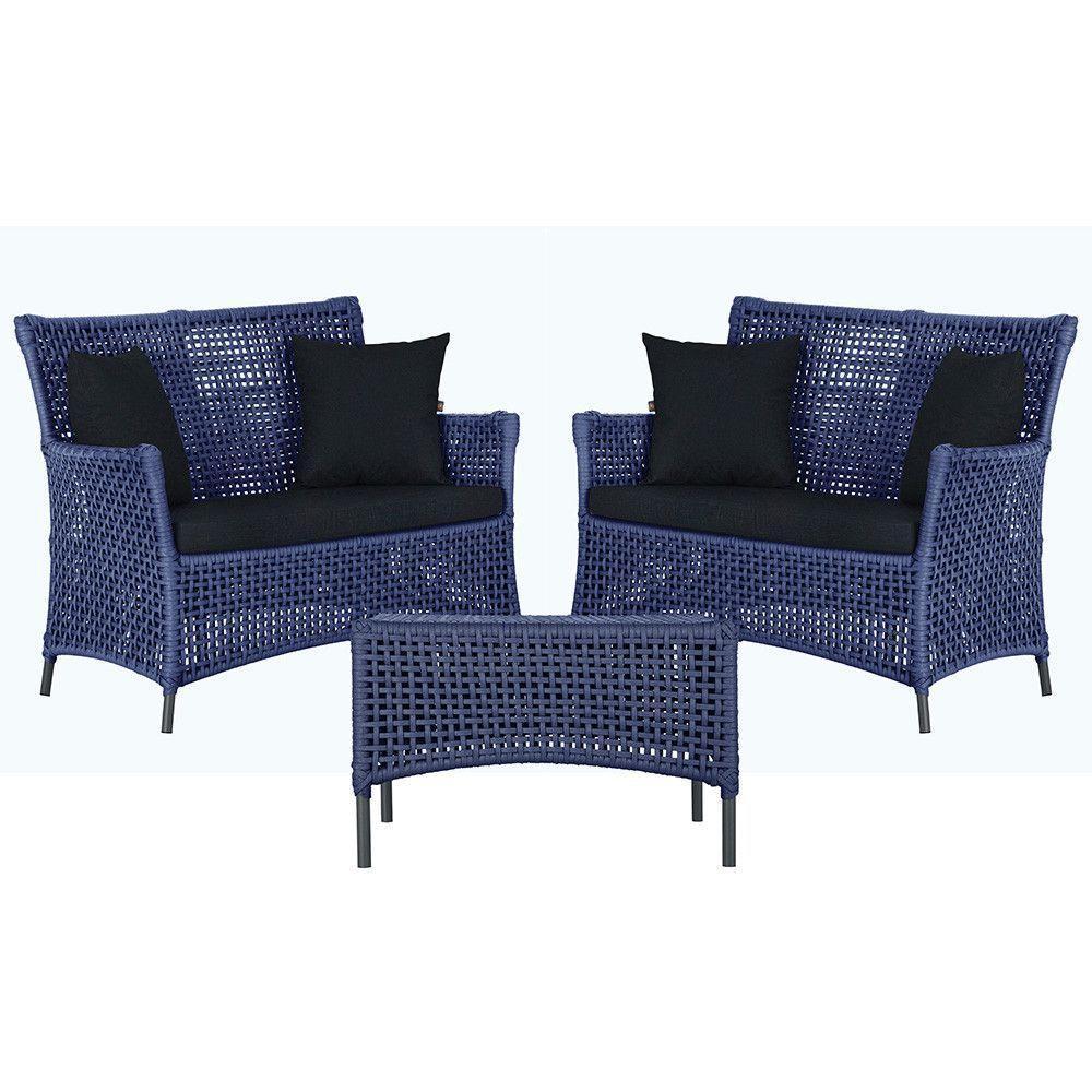 2 Sofás E Mesa Igapó Alumínio Preta Corda Náutica E12 Trama Azul - 1