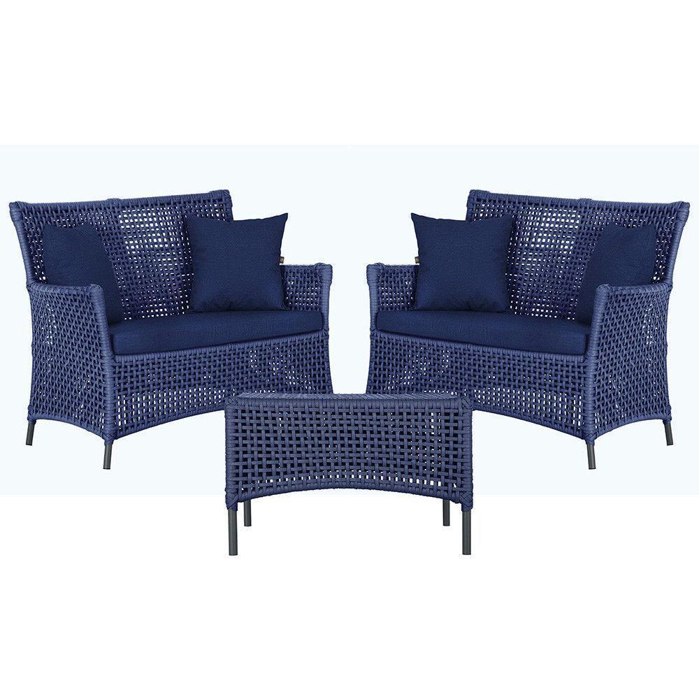 2 Sofás E Mesa Igapó Alumínio Preta Corda Náutica E10 Trama Azul - 1