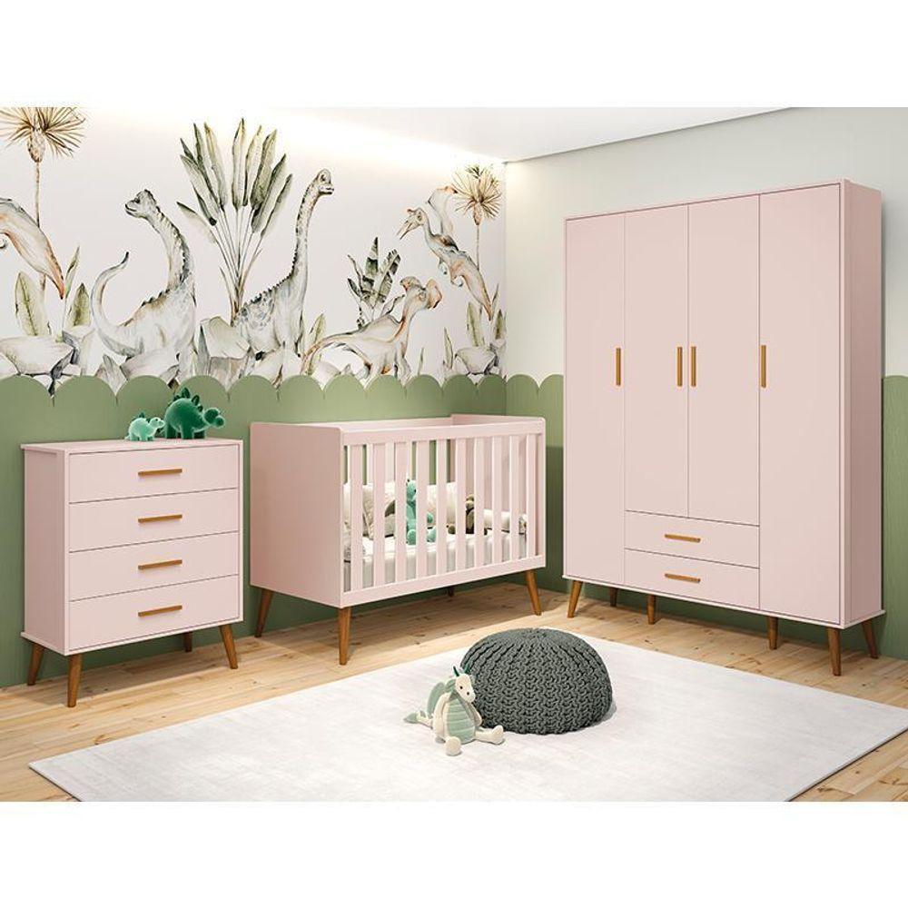 Dormitório Infantil Isis Guarda Roupa 4 Portas, Cômoda E Berço Rosa - Reller Móveis Rosa - 5
