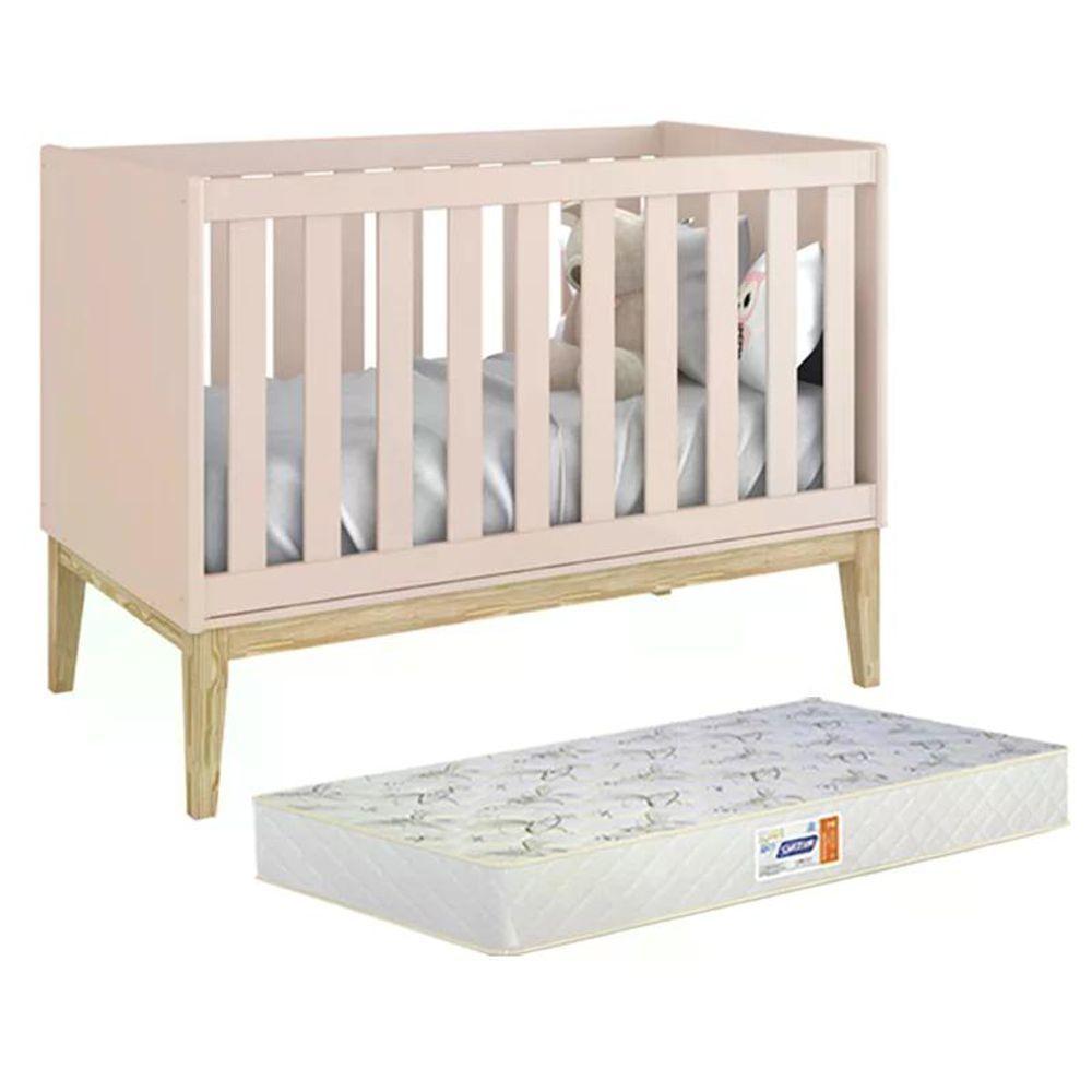 Berço Americano Classic Rosa Fosco Com Pés Madeira Natural E Colchão D18 - Reller Móveis Rosa Fosco - 1
