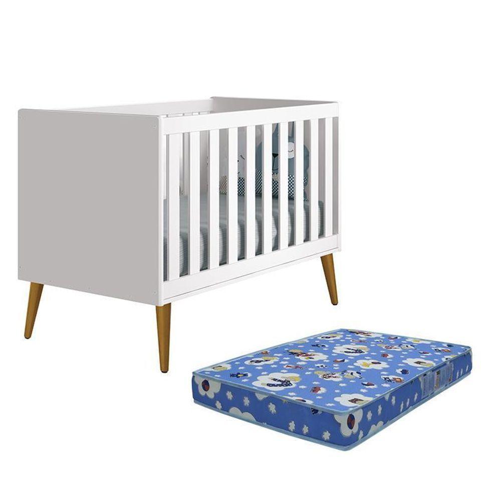 Berço Americano Theo Branco Fosco Pés Amadeirado Com Colchão D18 - Reller Móveis Branco Fosco - 1