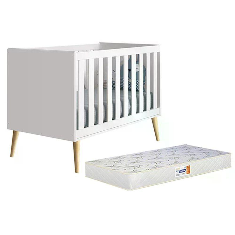 Berço Americano Theo Branco Fosco Com Pés Madeira Natural E Colchão D18 - Reller Móveis Branco Fosco - 1
