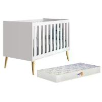 Berço Americano Theo Branco Fosco Com Pés Madeira Natural E Colchão D18 - Reller Móveis Branco Fosco - 1