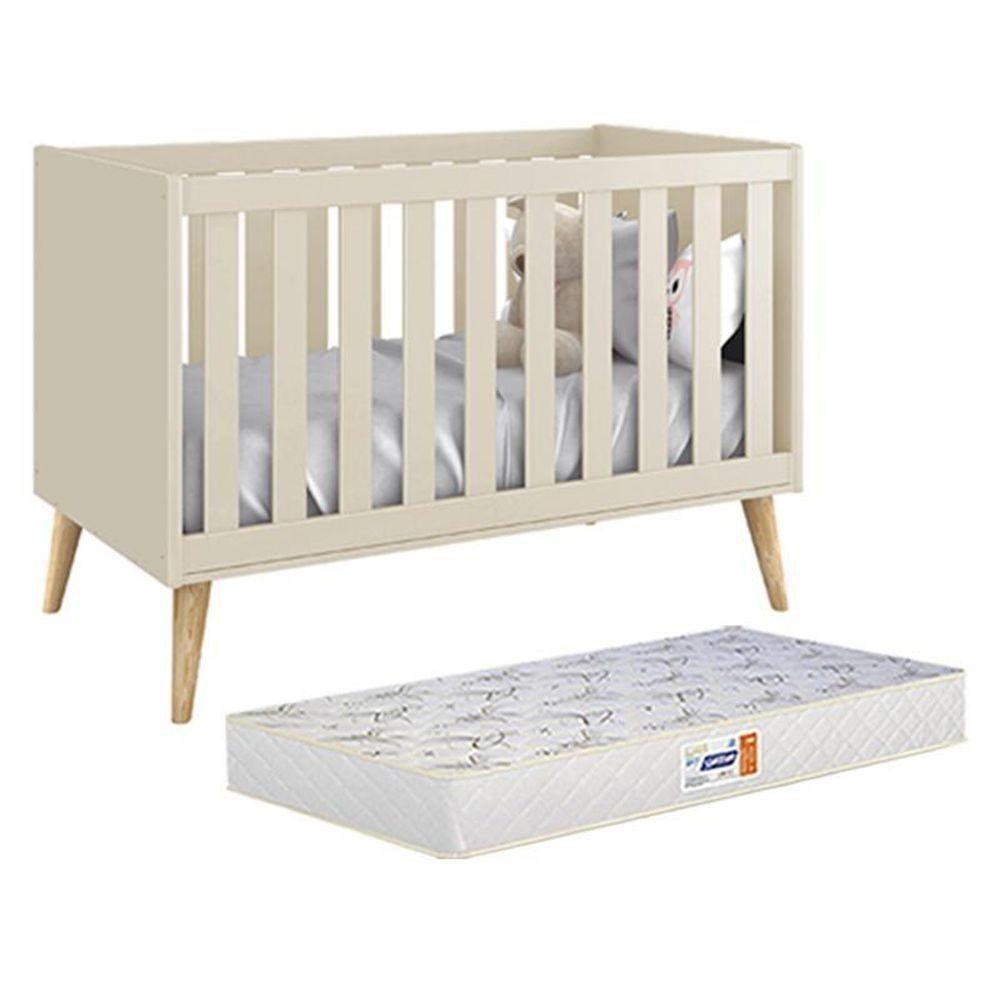 Berço Americano Theo Areia Fosco Com Pés Madeira Natural E Colchão D18 - Reller Móveis Areia Fosco - 1