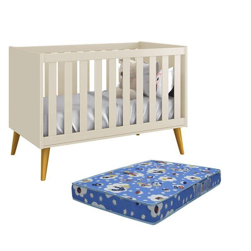 Berço Americano Theo Areia Fosco Pés Amadeirado Com Colchão D18 - Reller Móveis Areia Fosco - 1