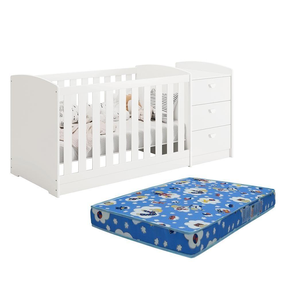 Berço Americano Multifuncional Atlanta Branco Brilho Com Colchão Physical - Reller Móveis Branco Brilho - 1