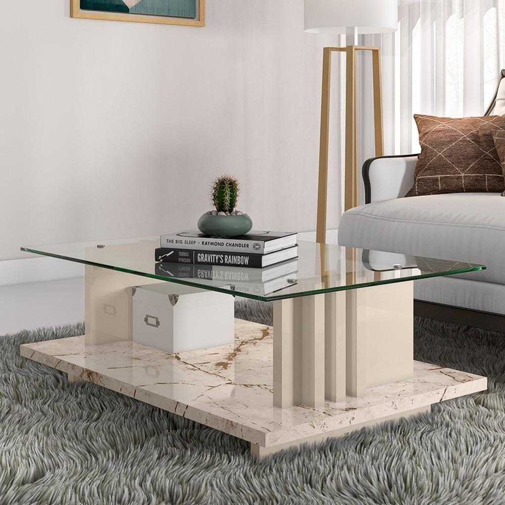 Mesa De Centro Frizz Calacata Off White Com Tampo De Vidro - Madetec Calacata Off White - 4