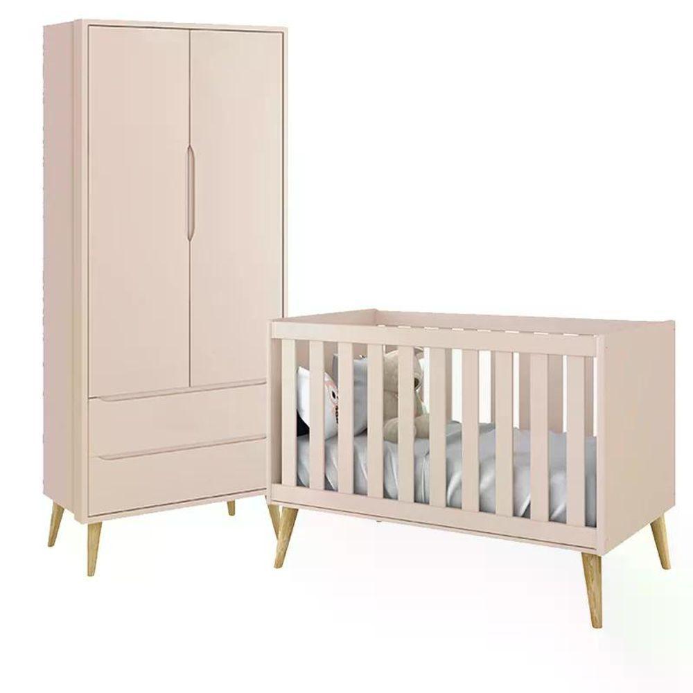 Jogo De Quarto Infantil Theo Guarda Roupa 2 Portas E Berço Rosa Fosco Com Pés Madeira Natural - Reller Móveis Rosa Fosco - 1