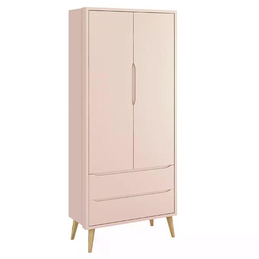 Jogo De Quarto Infantil Theo Guarda Roupa 2 Portas E Berço Rosa Fosco Com Pés Madeira Natural - Reller Móveis Rosa Fosco - 4