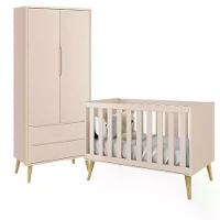 Jogo De Quarto Infantil Theo Guarda Roupa 2 Portas E Berço Rosa Fosco Com Pés Madeira Natural - Reller Móveis Rosa Fosco - 1