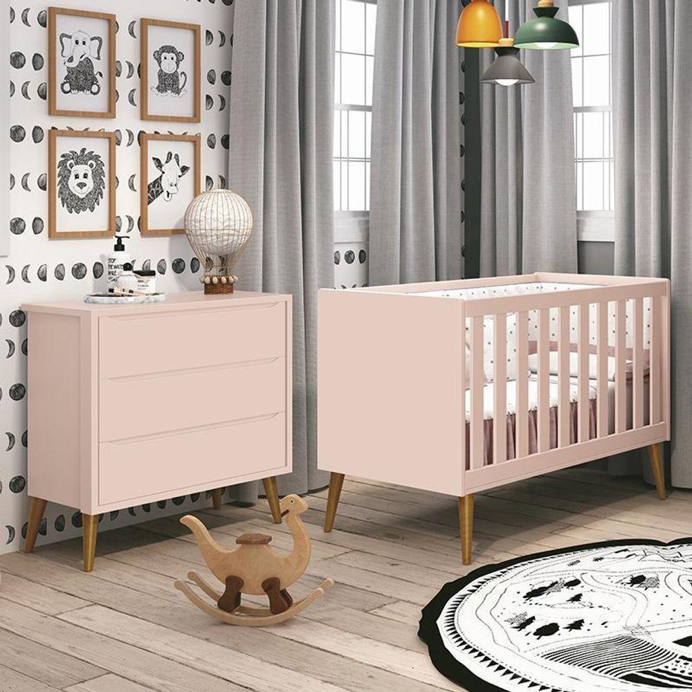 Jogo De Quarto Infantil Theo Retrô Cômoda 3 Gavetas E Berço Rosa Fosco Com Pés Amadeirado - Reller Móveis Rosa Fosco - 5