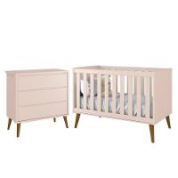 Jogo De Quarto Infantil Theo Retrô Cômoda 3 Gavetas E Berço Rosa Fosco Com Pés Amadeirado - Reller Móveis Rosa Fosco - 1