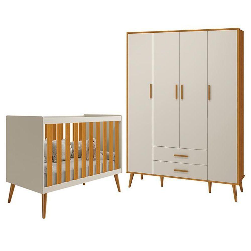 Jogo De Quarto Infantil Isis Guarda Roupa 4 Portas E Berço Areia Savana - Reller Móveis Areia Savana - 1