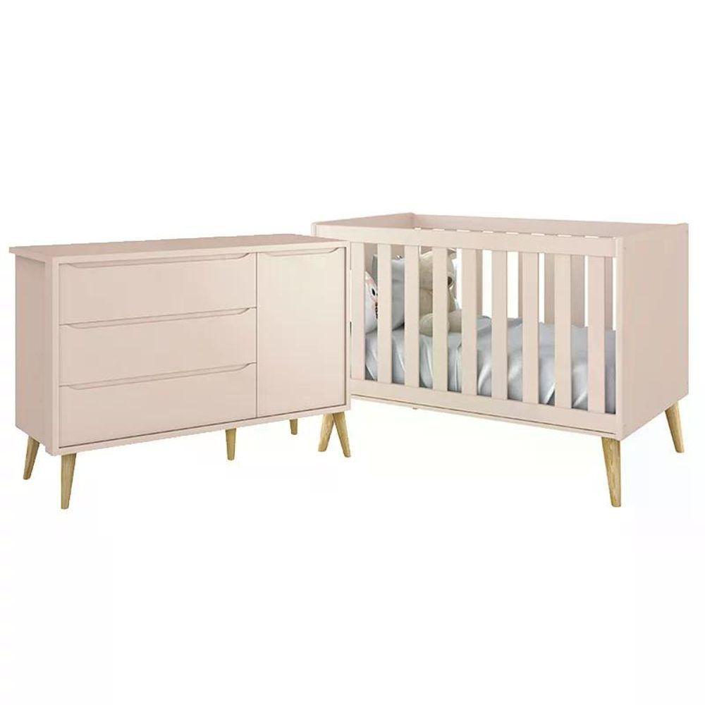 Jogo De Quarto Infantil Theo Cômoda E Berço Rosa Fosco Com Pés Madeira Natural - Reller Móveis Rosa Fosco - 1