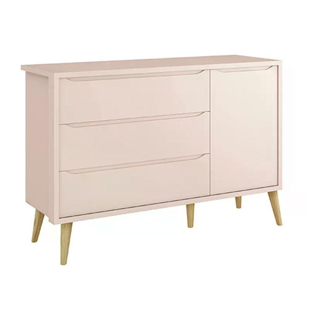 Jogo De Quarto Infantil Theo Cômoda E Berço Rosa Fosco Com Pés Madeira Natural - Reller Móveis Rosa Fosco - 3