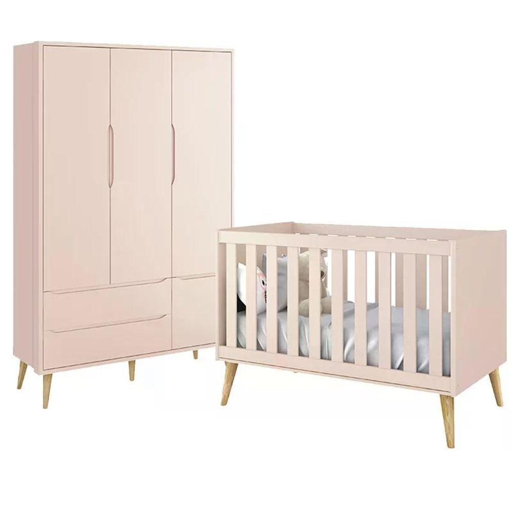 Jogo De Quarto Infantil Theo Guarda Roupa 3 Portas E Berço Rosa Fosco Com Pés Madeira Natural - Reller Móveis Rosa Fosco - 1
