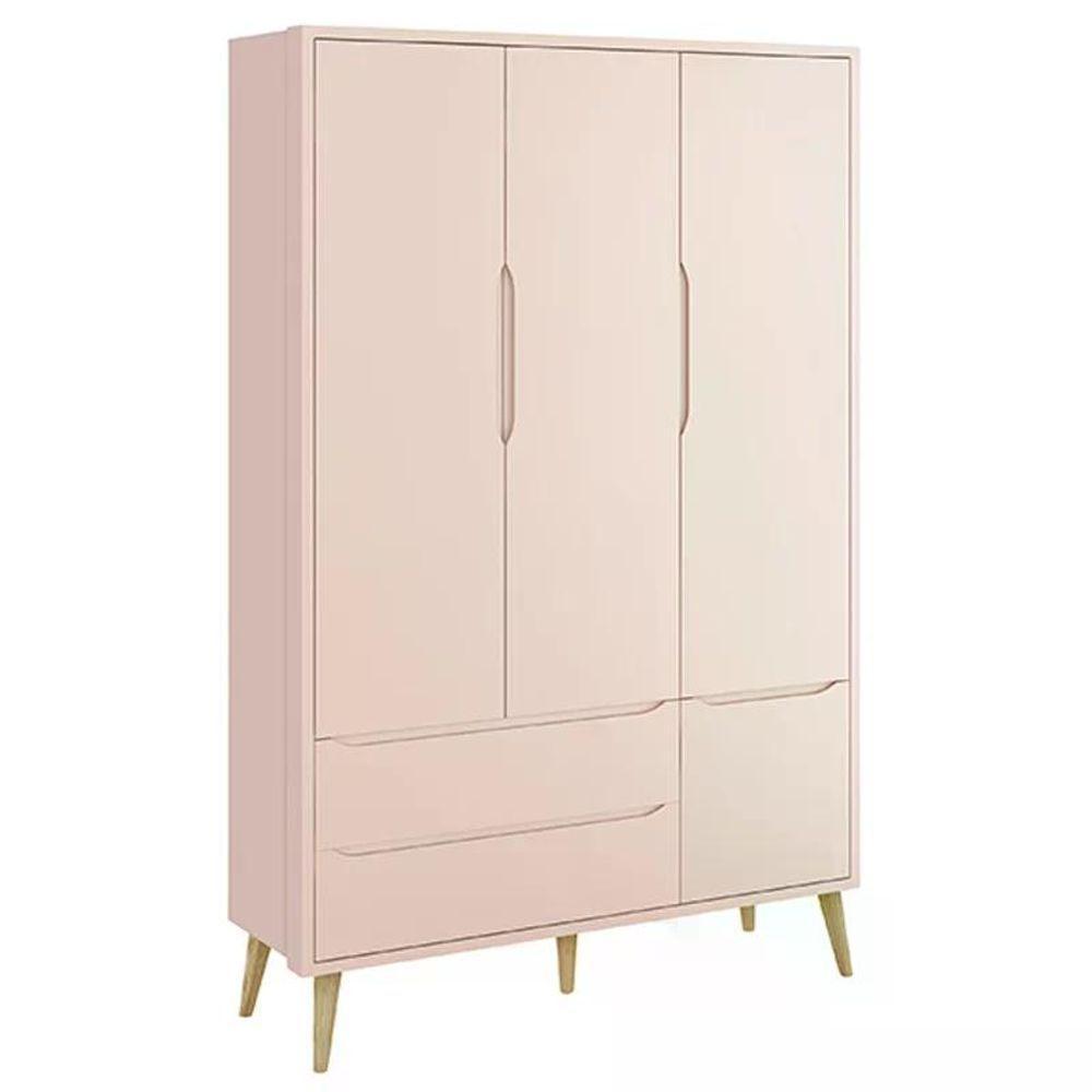 Jogo De Quarto Infantil Theo Guarda Roupa 3 Portas E Berço Rosa Fosco Com Pés Madeira Natural - Reller Móveis Rosa Fosco - 2